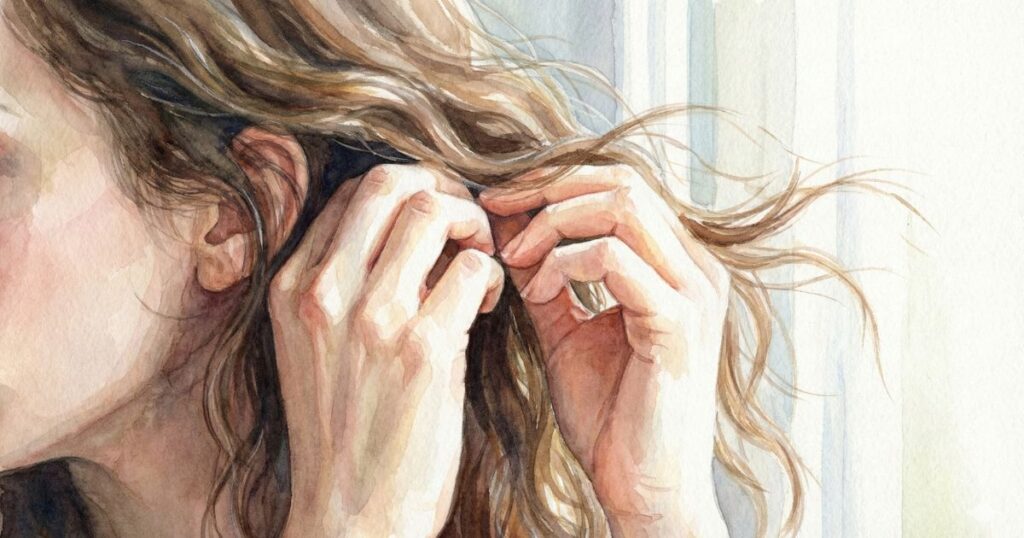 耳元で髪をそっとまとめる女性の横顔を描いた水彩イラスト