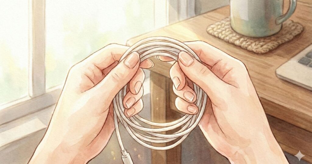 イヤホンのコードを丁寧に巻き取る女性の手元