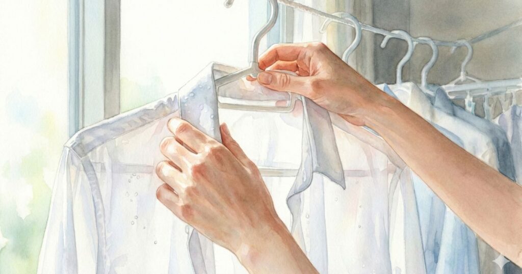 洗濯した白いシャツをハンガーに掛けて干す女性の手元
