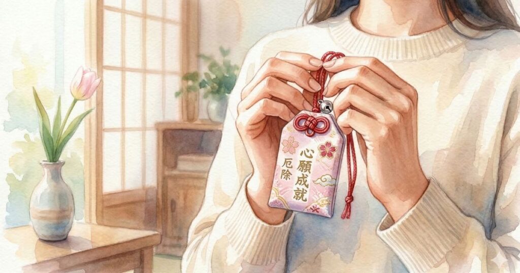 やわらかな光の室内で、お守りを両手で持つ女性の手元