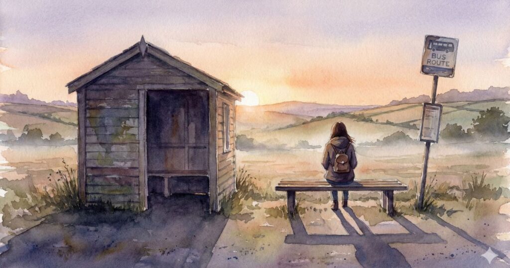 朝日の差し込む田舎のバス停で、ベンチに座って静かに遠くを見つめる女性の後ろ姿