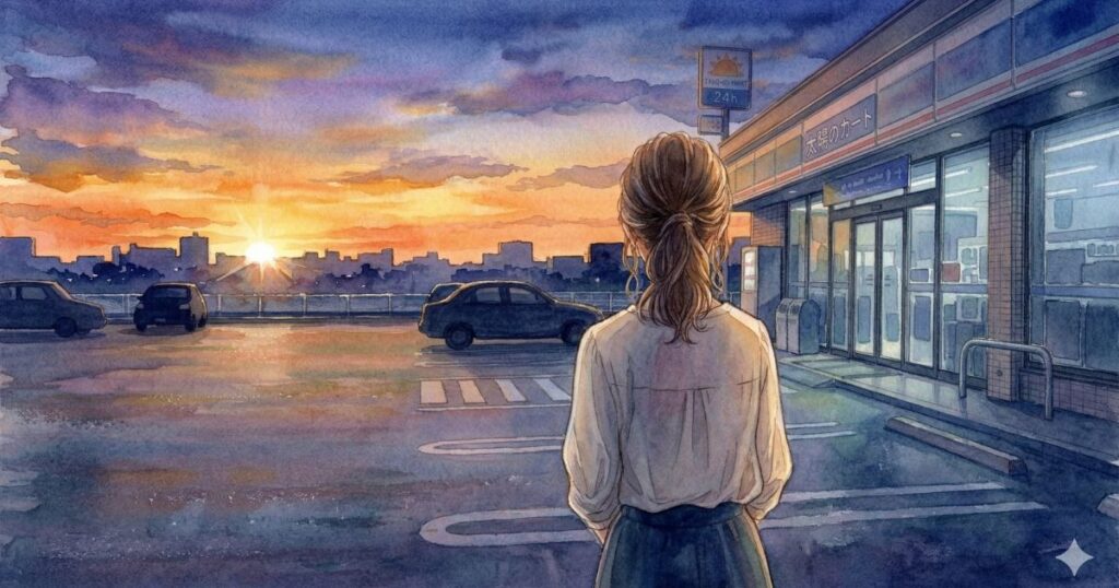 夜明けの駐車場で、街の向こうに沈む朝日を見つめて立つ女性の後ろ姿