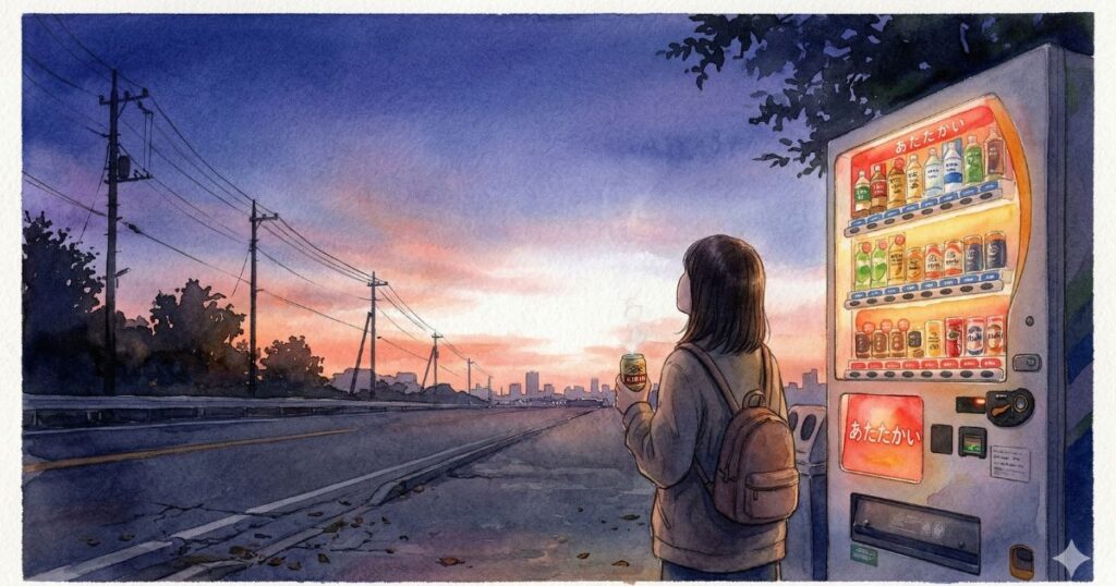 日の出の空の下、道路脇の自動販売機の横で飲み物を持ちながら遠くの街並みを見つめる女性のイラスト