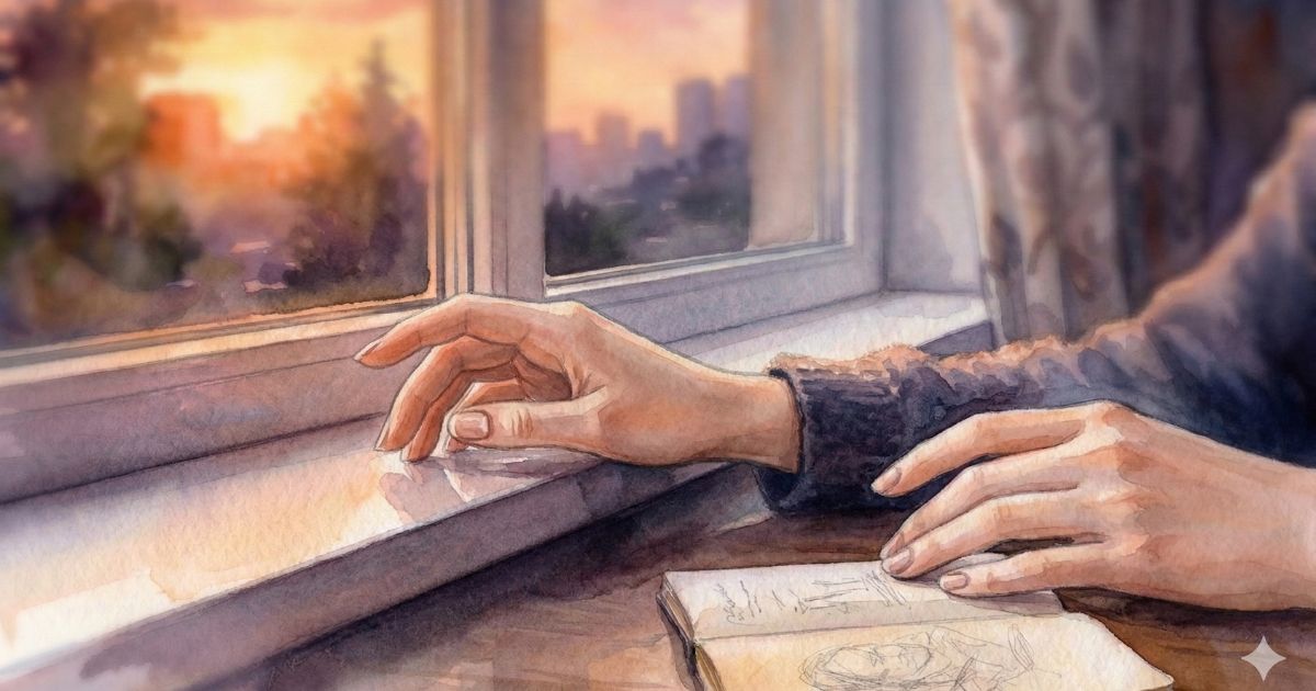 夕暮れの窓辺で、街の景色を見つめながら手を窓枠に置いて考え込む女性