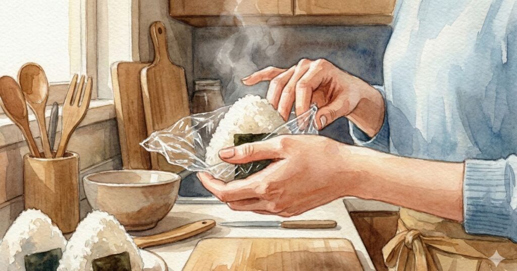 炊きたてのご飯でおにぎりをラップに包みながら握る女性の手元