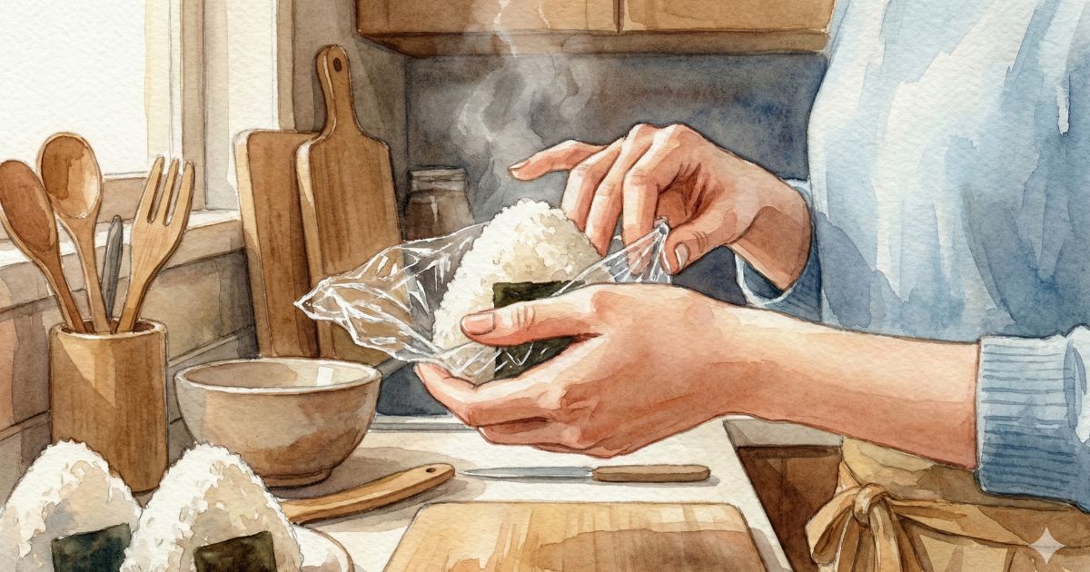 炊きたてのご飯でおにぎりをラップに包みながら握る女性の手元
